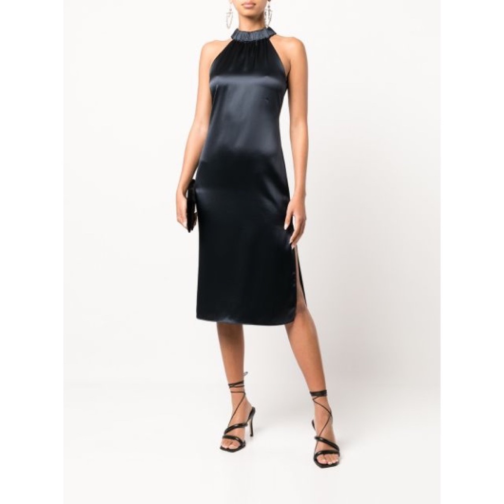 New Frame Satin Shirred Halter Neck Midi Dress Navy Blue Size Small S